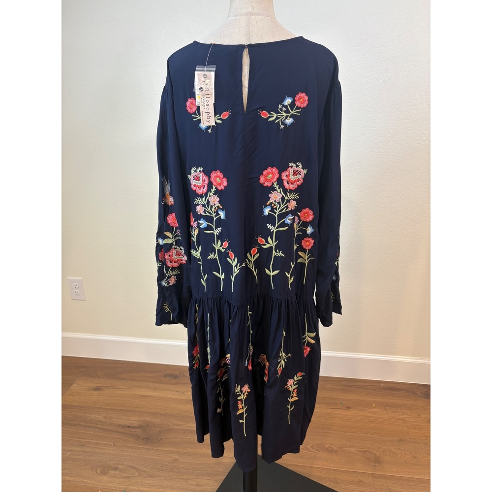 NWT Philosophy Navy Dress 2X Floral Embroidered Tiered Boho Flowy‎ Cottagecore - Picture 4 of 8